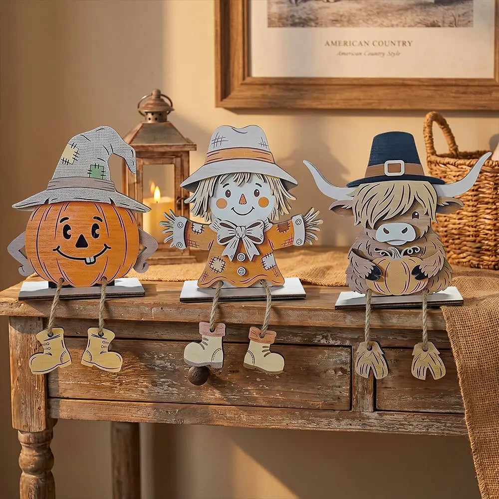 3PCS Fall Wooden Shelf Sitters, Pumpkin Scarecrow Highland Cow Dangling Leg Table Decor for Thanksgiving Halloween Home