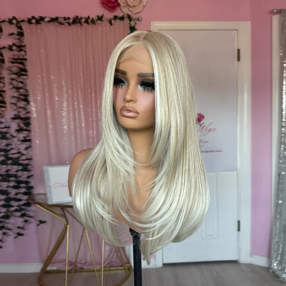 Creamy Ash Blonde Platinum Balayage Straight Wig Premium Human Hair Blend HD Invisible Lace Front Wig 13x4 Free Part Wig