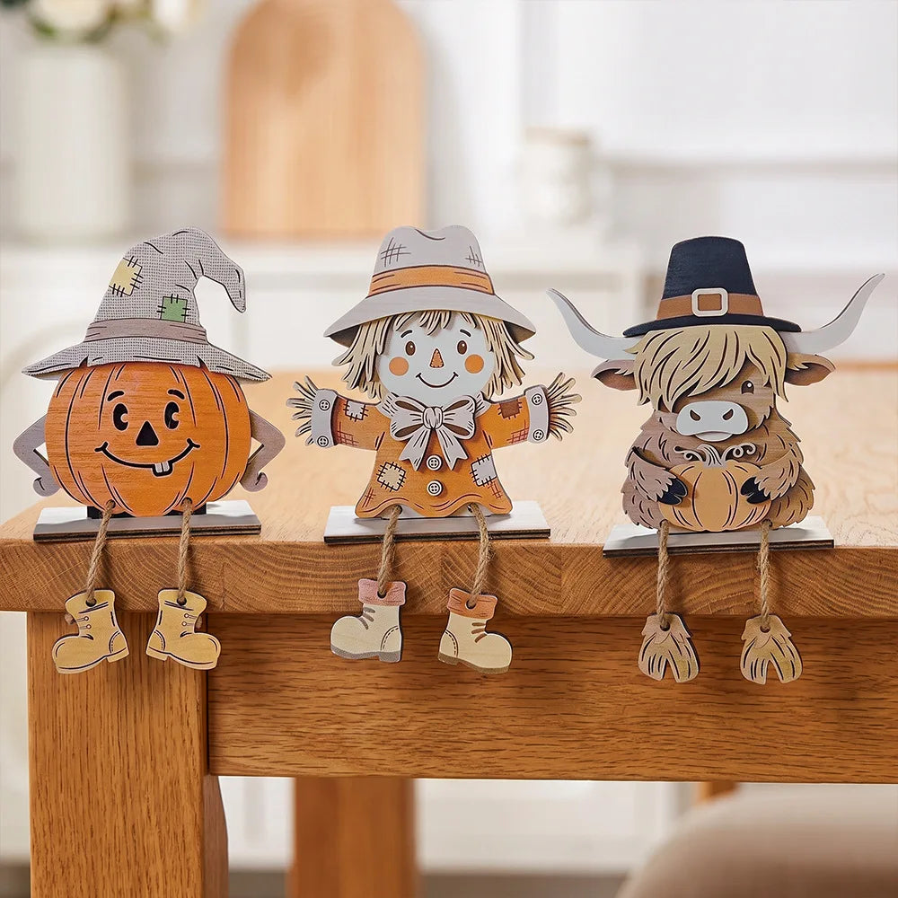 3PCS Fall Wooden Shelf Sitters, Pumpkin Scarecrow Highland Cow Dangling Leg Table Decor for Thanksgiving Halloween Home