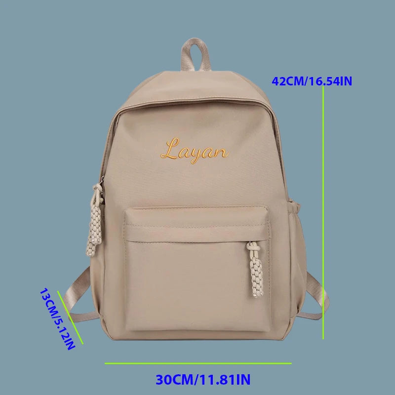 Embroidered Custom - College-Style Backpack, Made of Solid Colour High-Quality Fabric, Large Capacity, Stylish and Simple Fresh.
