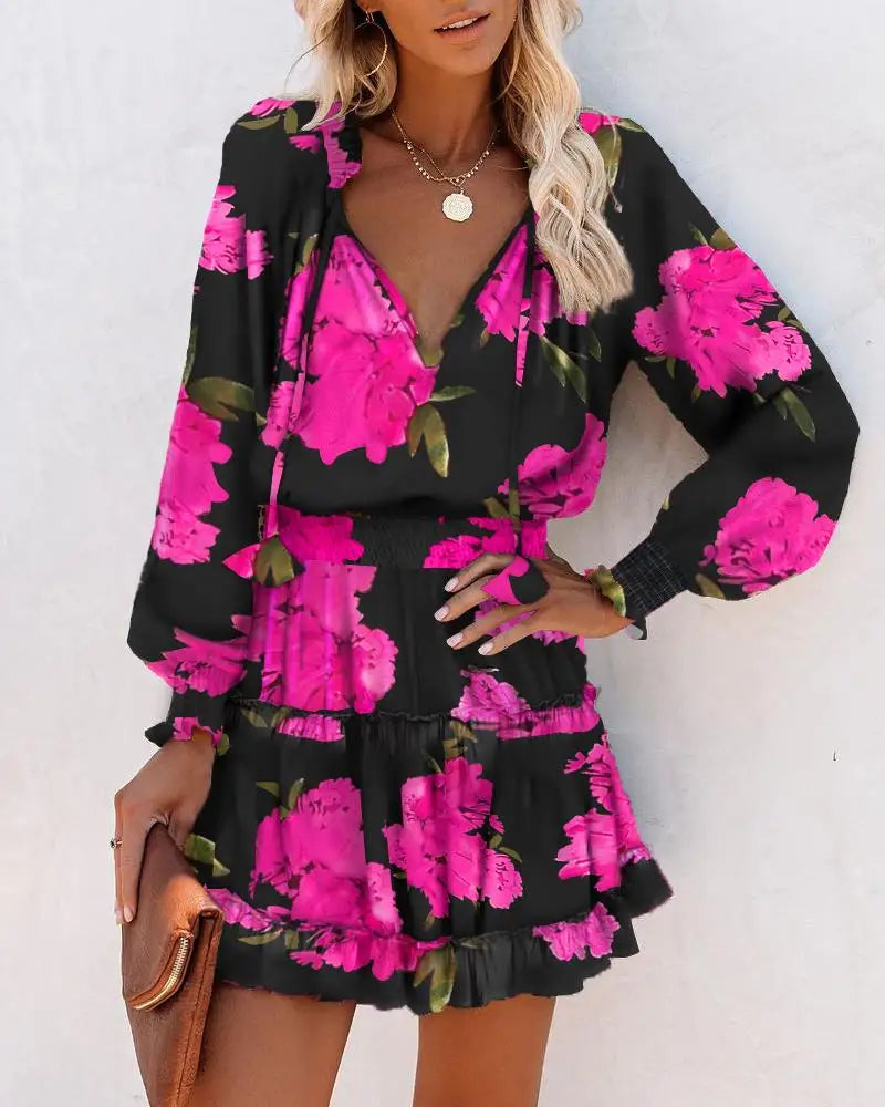 Elegant Women's Leopard Print Long Sleeved Casual Dress Spring And Autumn Fashionable V-neck Lace Up Waist Cinching Mini Dress