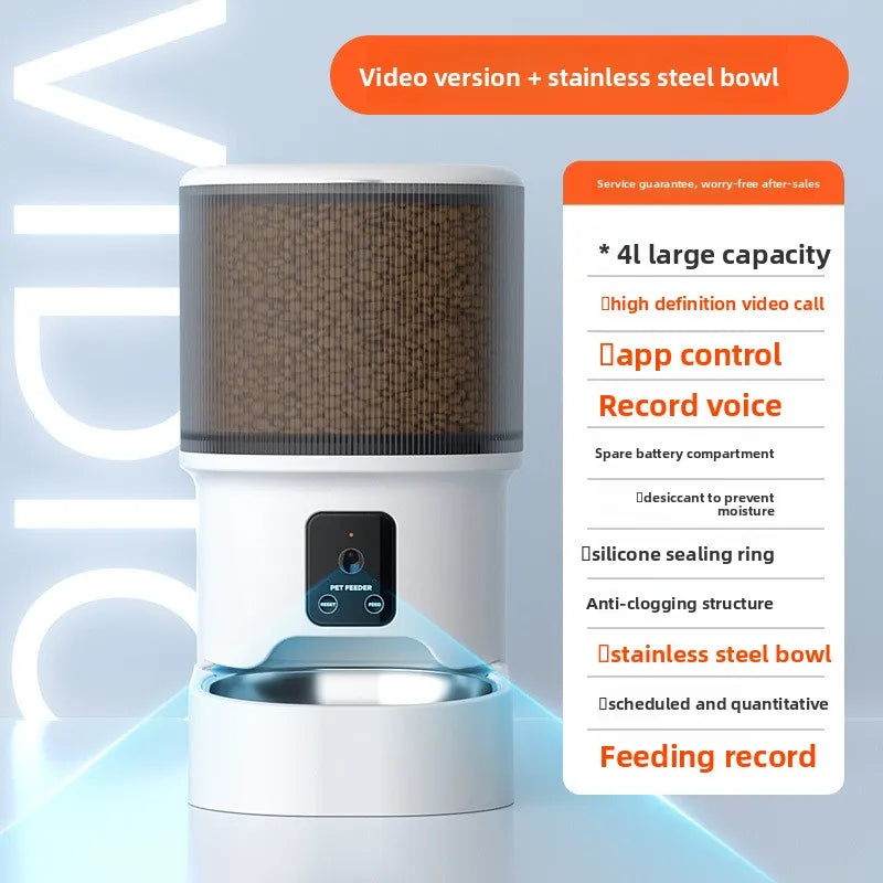 HD Video Automatic Pet Feeder for Cats Dogs 4L Smart Timed Quantitative Food Dispenser with Stainless Steel Bow Pet Supplies