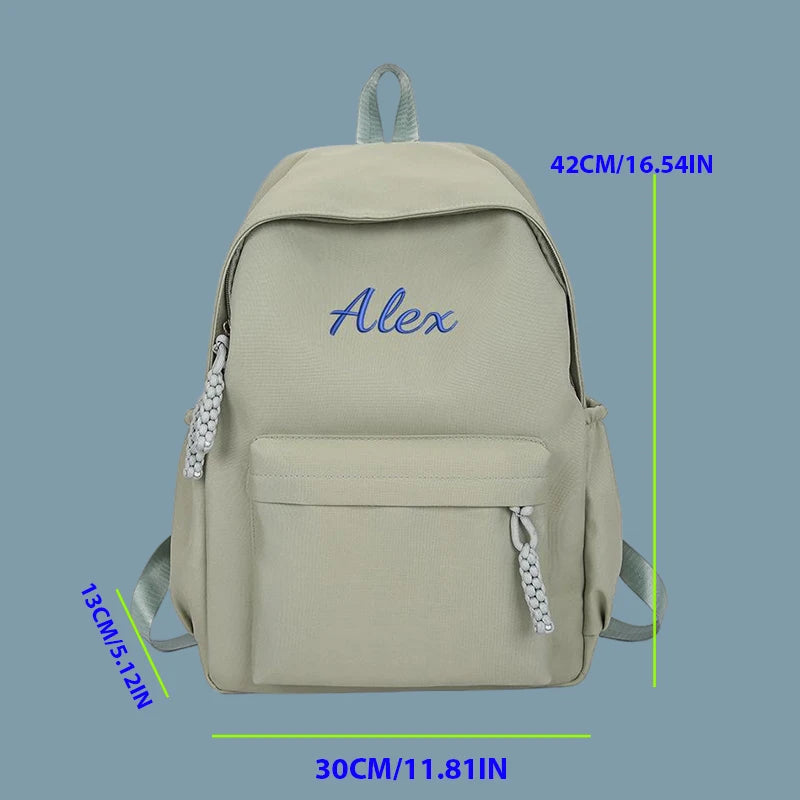 Embroidered Custom - College-Style Backpack, Made of Solid Colour High-Quality Fabric, Large Capacity, Stylish and Simple Fresh.