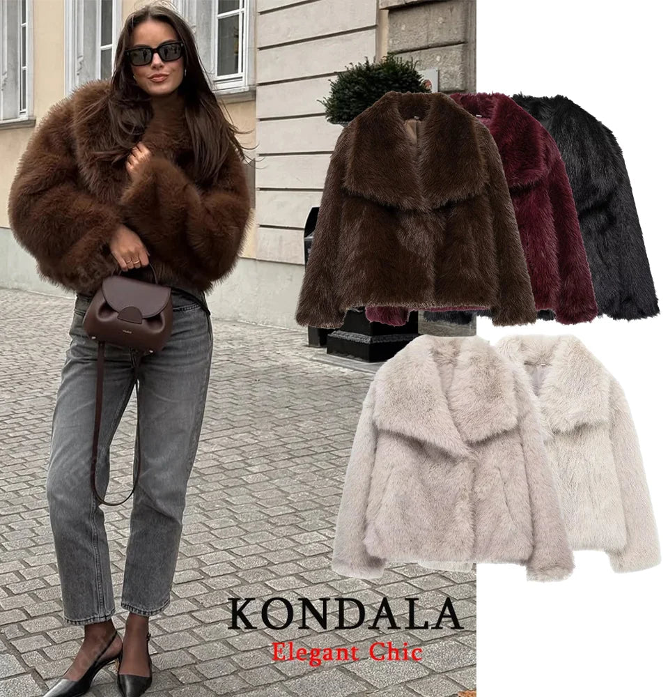 KONDALA Elegant Fur Coat Women Fall Winter Fashion Warm Faux Fur Brown Coat 2025 New Fashion Vintage Casual Female Jacket Coat