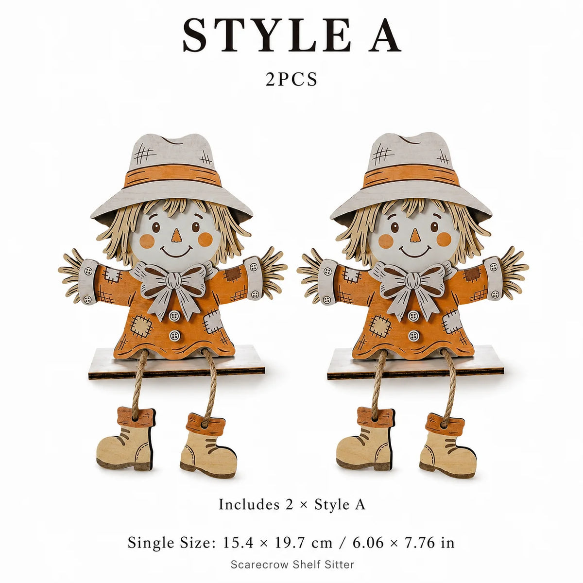 3PCS Fall Wooden Shelf Sitters, Pumpkin Scarecrow Highland Cow Dangling Leg Table Decor for Thanksgiving Halloween Home