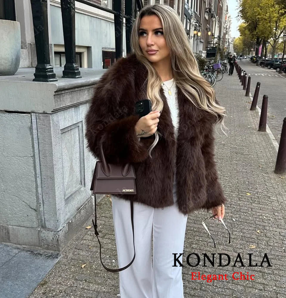 KONDALA Elegant Fur Coat Women Fall Winter Fashion Warm Faux Fur Brown Coat 2025 New Fashion Vintage Casual Female Jacket Coat