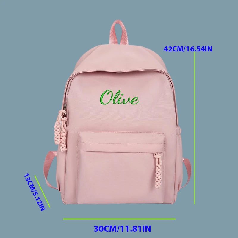 Embroidered Custom - College-Style Backpack, Made of Solid Colour High-Quality Fabric, Large Capacity, Stylish and Simple Fresh.