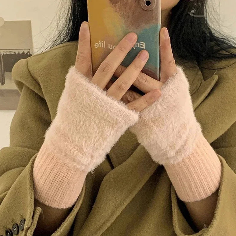 1PC- Warm and Cold-proof Half-finger Gloves for Women in Autumn and Winter, Versatile and Plush, Cute Office Half-finger Gloves