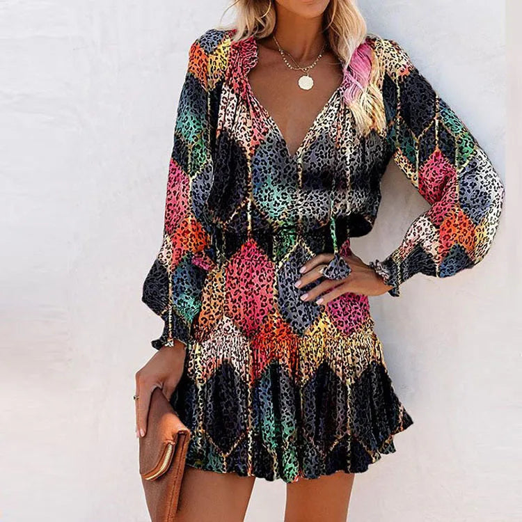 Elegant Women's Leopard Print Long Sleeved Casual Dress Spring And Autumn Fashionable V-neck Lace Up Waist Cinching Mini Dress