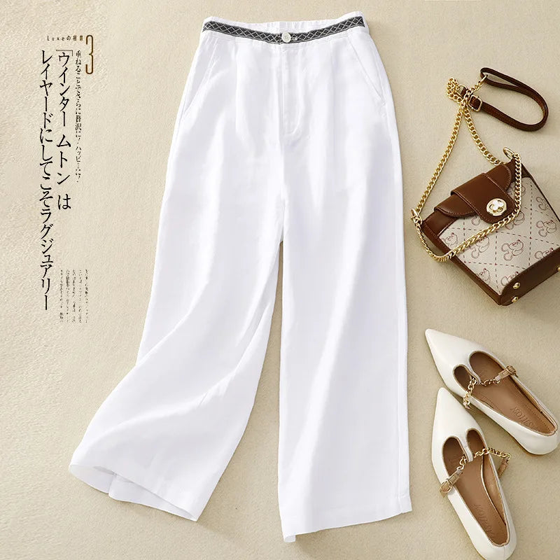 Elastic Cotton and Linen Wide Leg Pants Nine-point Pants for Women Summer New Solid Color Literary Large Size Casual Pants