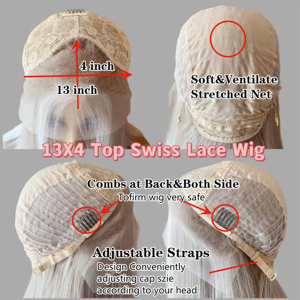 Creamy Ash Blonde Platinum Balayage Straight Wig Premium Human Hair Blend HD Invisible Lace Front Wig 13x4 Free Part Wig