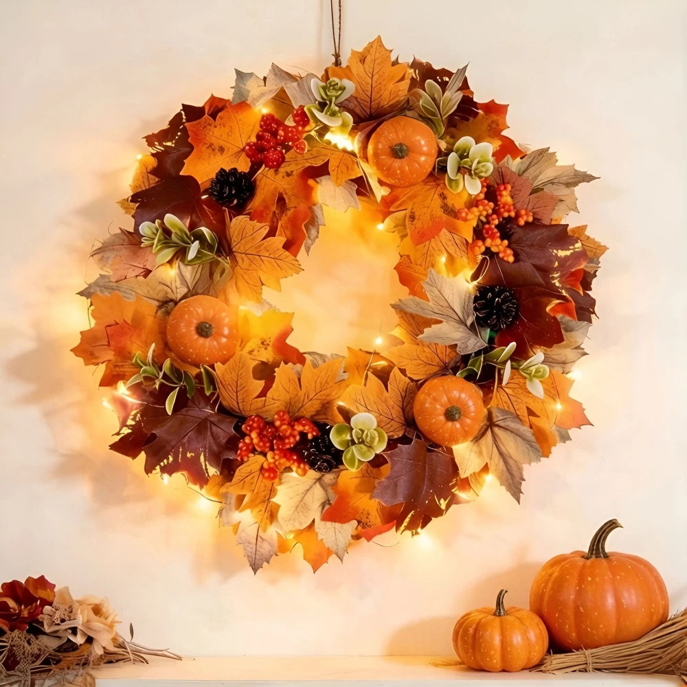 17.7in Halloween Fall Wreaths for Front Door Outside Fall Decorations for Home Large Autumn Wreath with Bow Pumpkin Thanksgiving