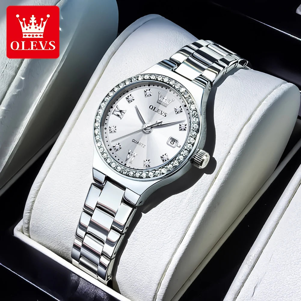 OLEVS Women's Quartz Watch Fashion Delicate Rhombus Mirror Luxury Diamond Bezel Steel Date Waterproof Elegant Ladies Watch 5628