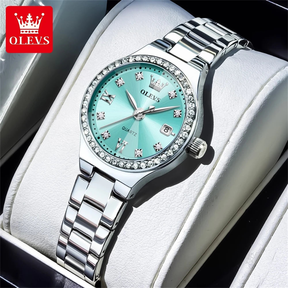 OLEVS Women's Quartz Watch Fashion Delicate Rhombus Mirror Luxury Diamond Bezel Steel Date Waterproof Elegant Ladies Watch 5628