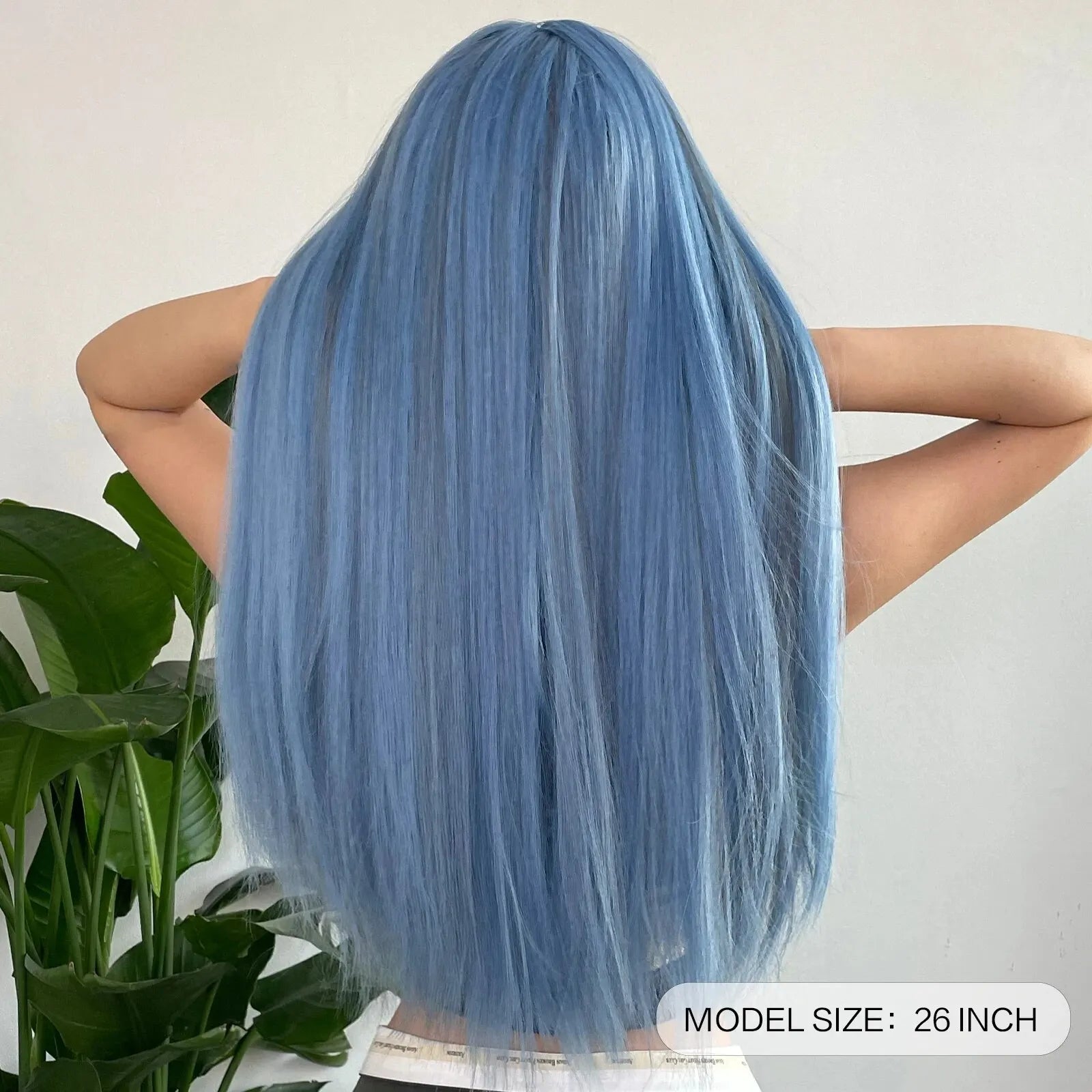 Blue with Grey Highlight Long Straight Synthetic Wigs with Bangs Cosplay Hairs Wig for Women Daily Natural Heat Resistant
