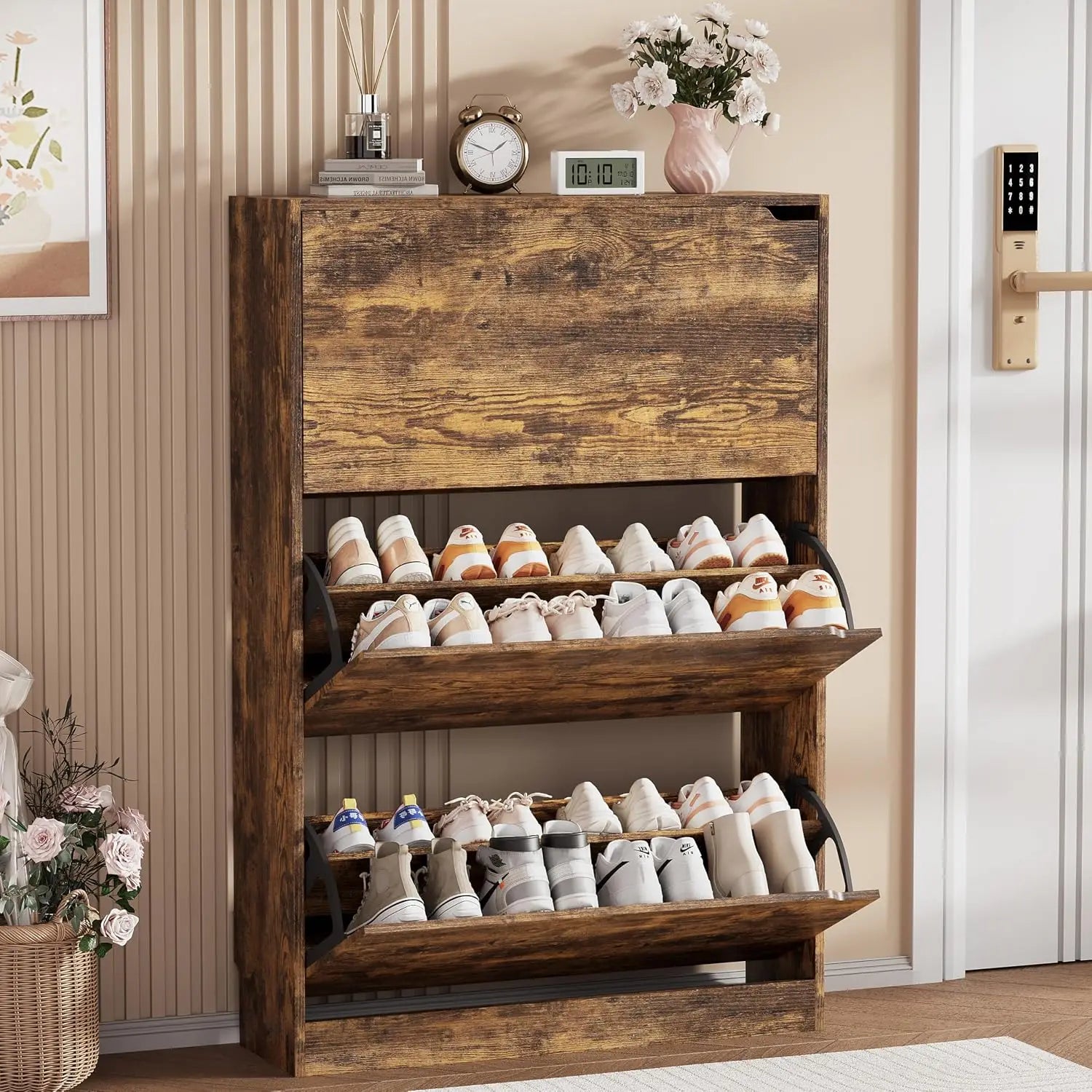 Wood Freestanding Shoe Cabinet,3 Flip Drawers & Adjustable Shelves,Entryway Storage, Custom
