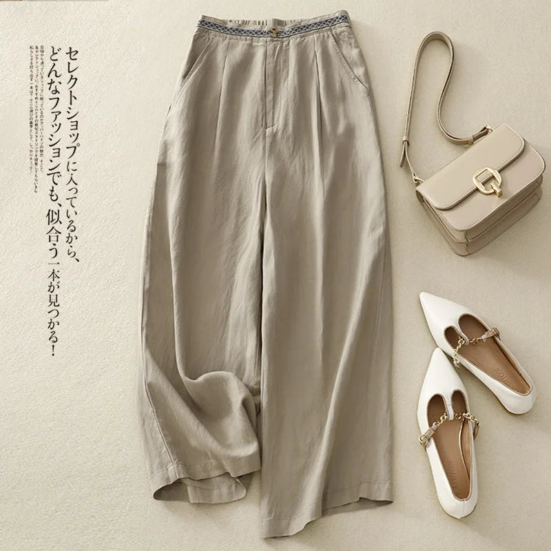 Elastic Cotton and Linen Wide Leg Pants Nine-point Pants for Women Summer New Solid Color Literary Large Size Casual Pants