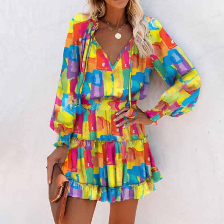 Elegant Women's Leopard Print Long Sleeved Casual Dress Spring And Autumn Fashionable V-neck Lace Up Waist Cinching Mini Dress