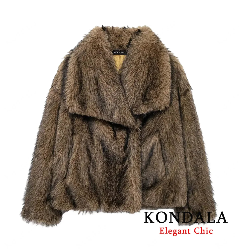 KONDALA Elegant Fur Coat Women Fall Winter Fashion Warm Faux Fur Brown Coat 2025 New Fashion Vintage Casual Female Jacket Coat