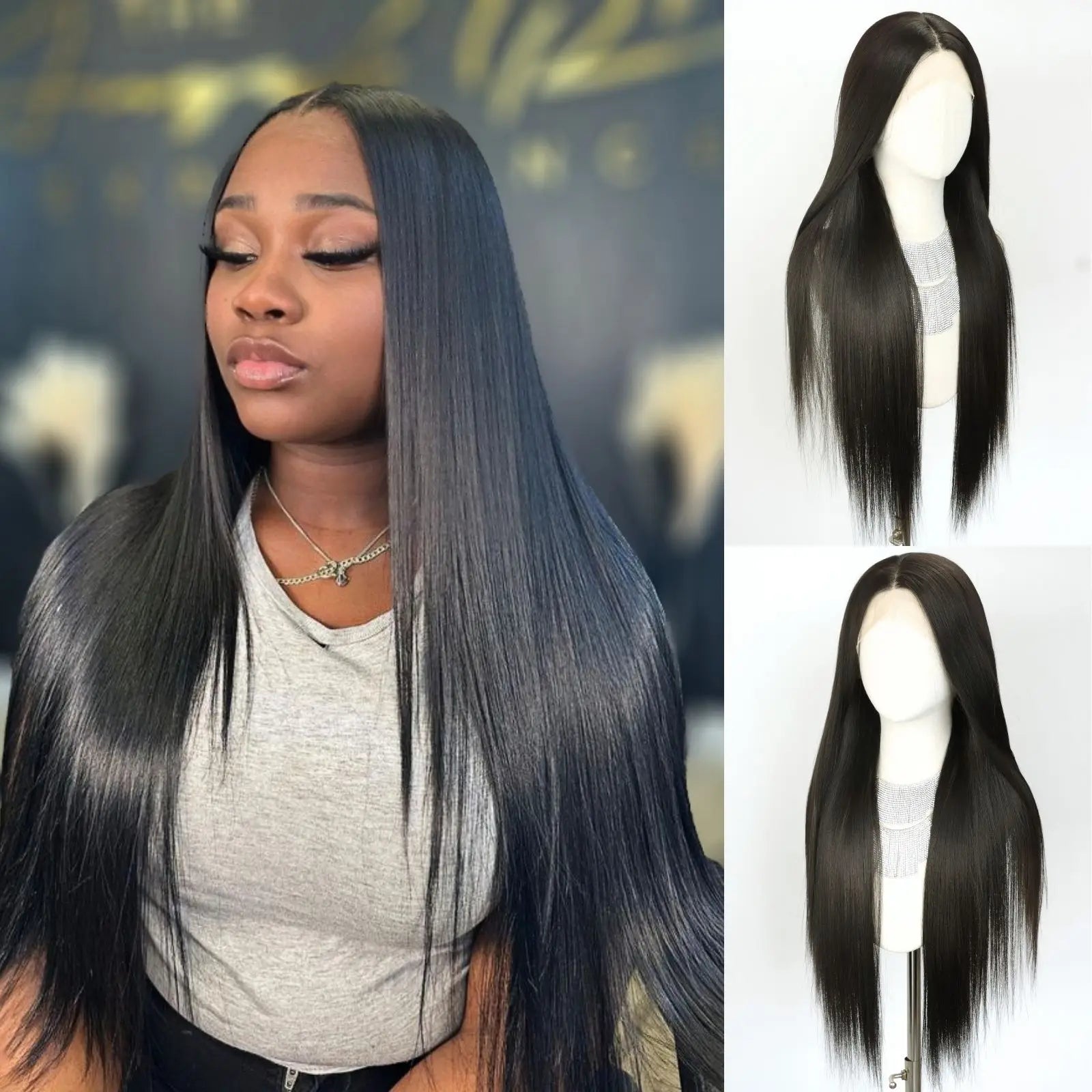 Black 13x4 Lace Front Wigs 32 Inch Long Straight Synthetic Wigs Free Part Lace Front Wig(32Inch)