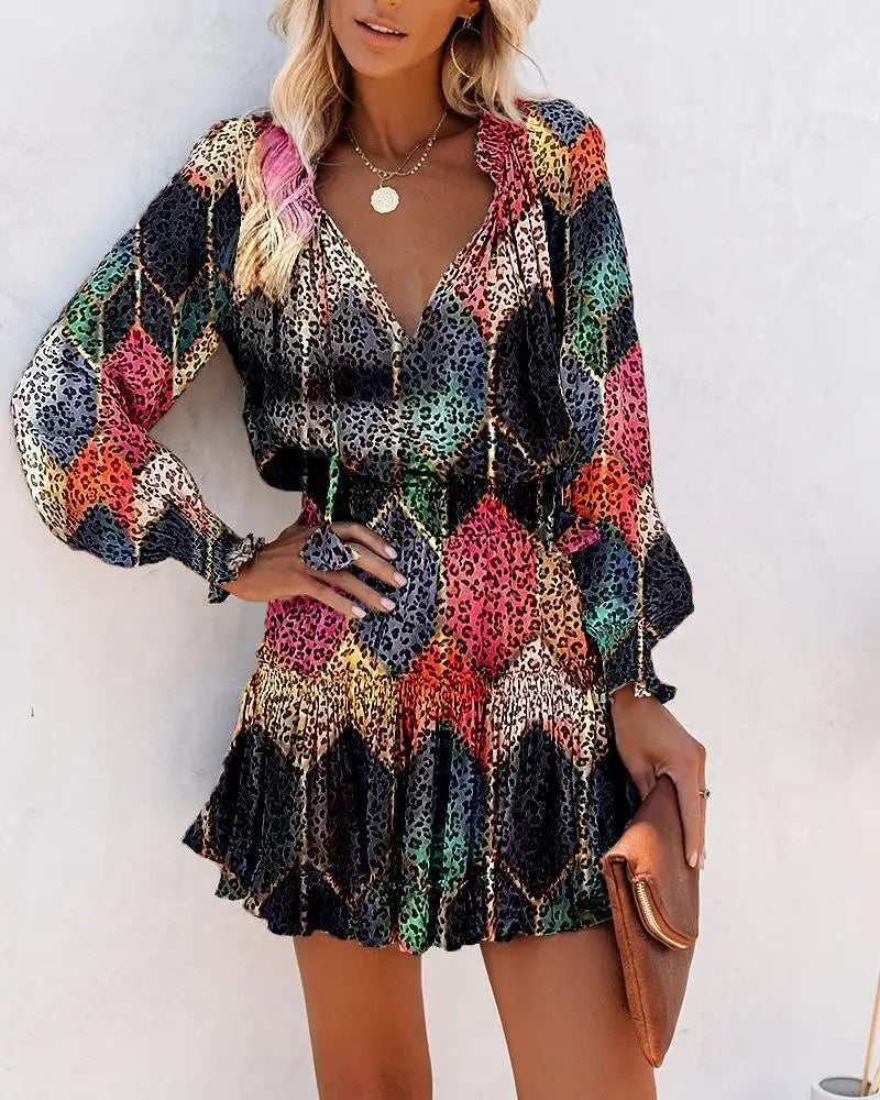 Elegant Women's Leopard Print Long Sleeved Casual Dress Spring And Autumn Fashionable V-neck Lace Up Waist Cinching Mini Dress