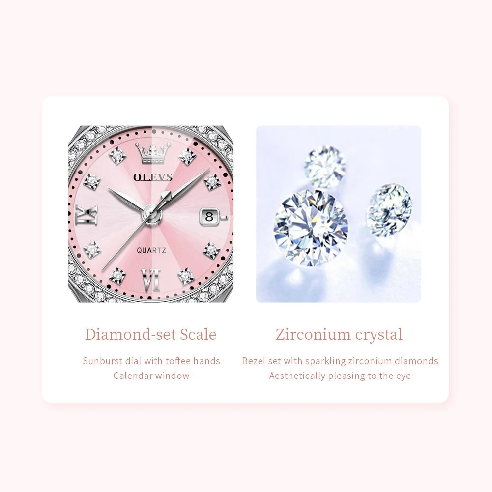 OLEVS Women's Quartz Watch Fashion Delicate Rhombus Mirror Luxury Diamond Bezel Steel Date Waterproof Elegant Ladies Watch 5628