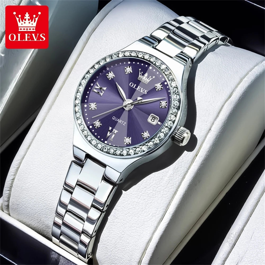 OLEVS Women's Quartz Watch Fashion Delicate Rhombus Mirror Luxury Diamond Bezel Steel Date Waterproof Elegant Ladies Watch 5628