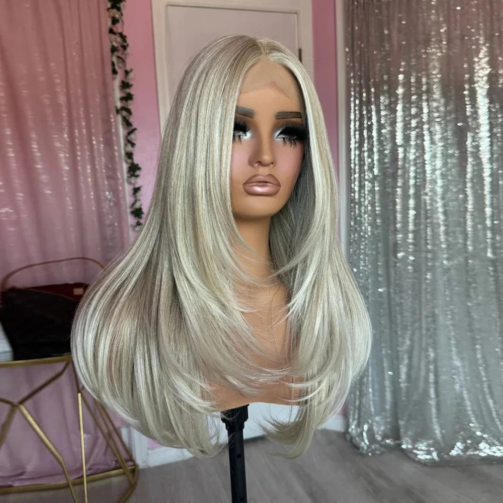 Creamy Ash Blonde Platinum Balayage Straight Wig Premium Human Hair Blend HD Invisible Lace Front Wig 13x4 Free Part Wig