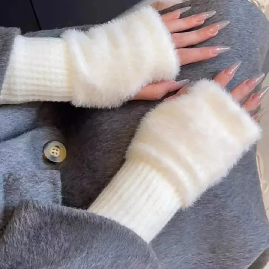 1PC- Warm and Cold-proof Half-finger Gloves for Women in Autumn and Winter, Versatile and Plush, Cute Office Half-finger Gloves