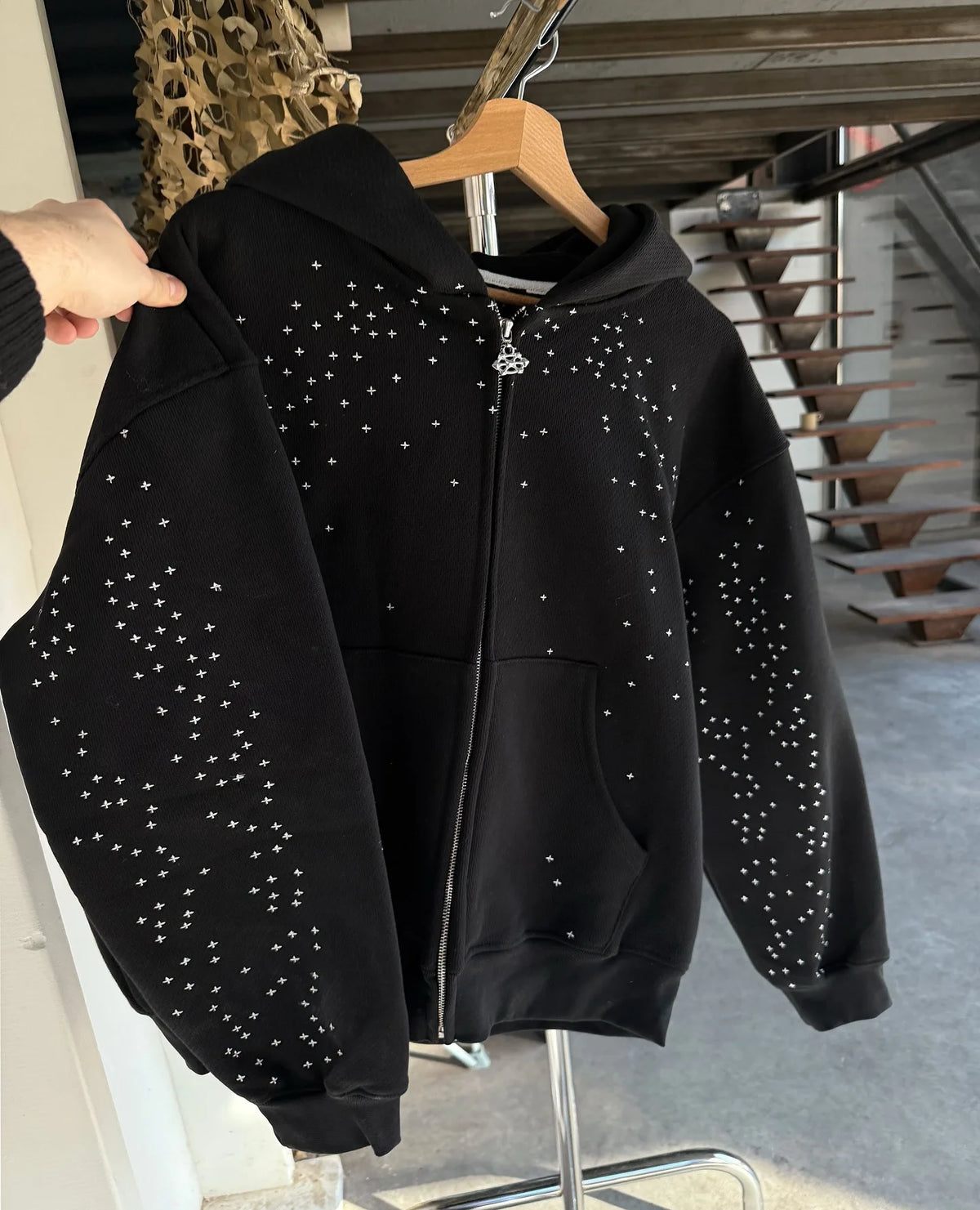 Rhinestone Zip-Up Sweatshirt Jacket — Gothic Streetwear, Men’s & Couples Casual Hoodie