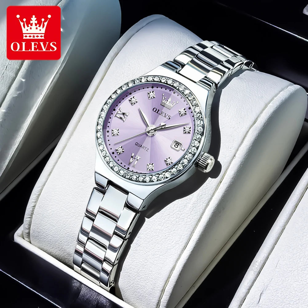 OLEVS Women's Quartz Watch Fashion Delicate Rhombus Mirror Luxury Diamond Bezel Steel Date Waterproof Elegant Ladies Watch 5628