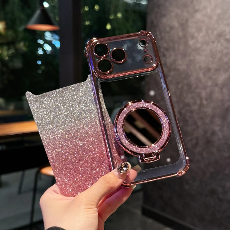 Plating Four Corner Shockproof Gradient Glitter TPU Makeup Mirror Holder Phone Case For iPhone 17 Pro Max/17/Air Bumper Cover
