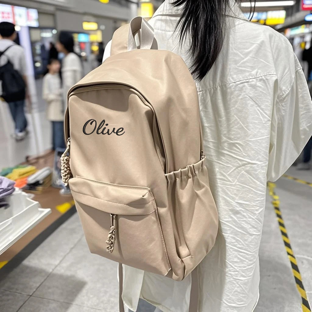 Embroidered Custom - College-Style Backpack, Made of Solid Colour High-Quality Fabric, Large Capacity, Stylish and Simple Fresh.
