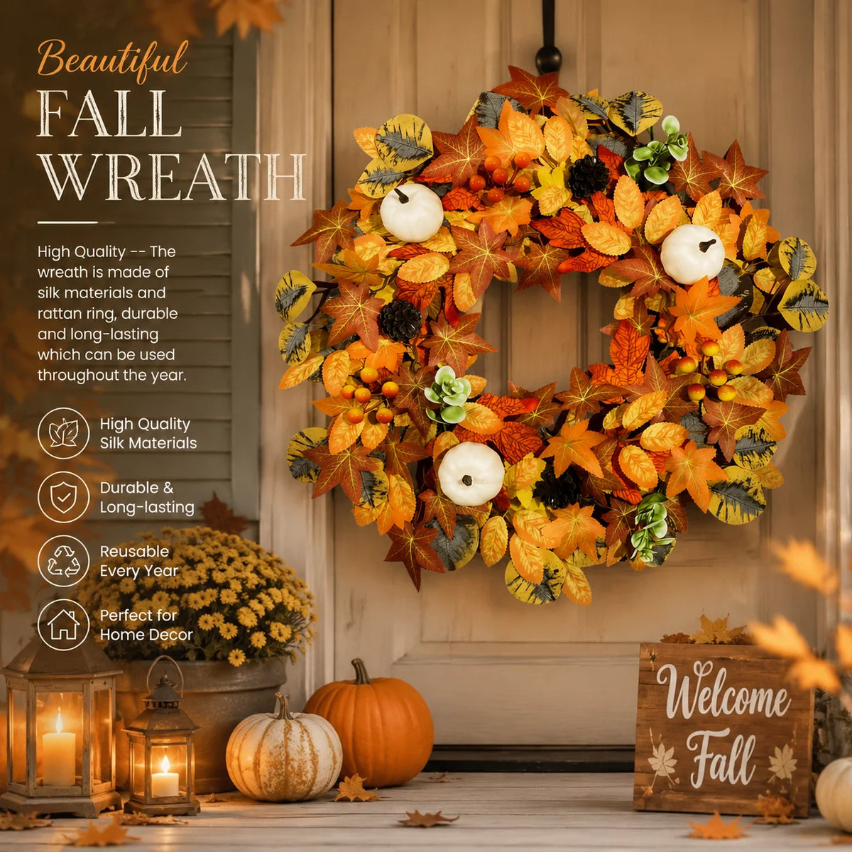 17.7in Halloween Fall Wreaths for Front Door Outside Fall Decorations for Home Large Autumn Wreath with Bow Pumpkin Thanksgiving
