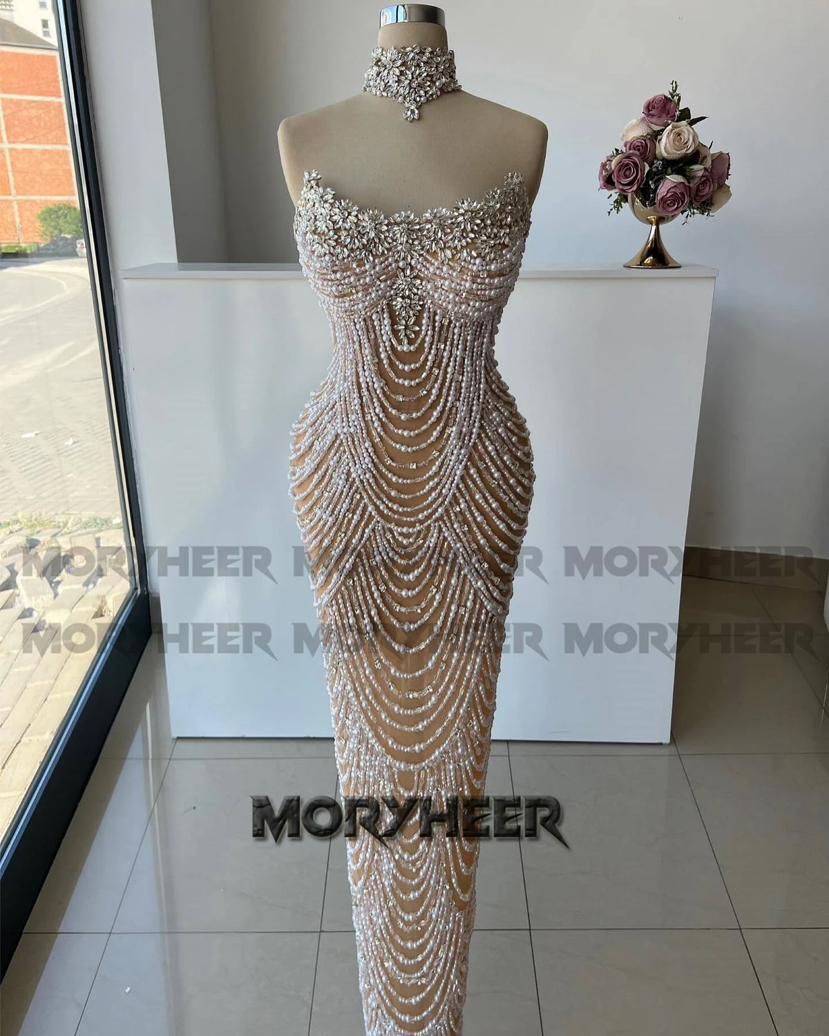 Rhinestone Beading Evening Gown — Scoop Neck Cape, Mermaid Pageant Dress, Custom Plus Size