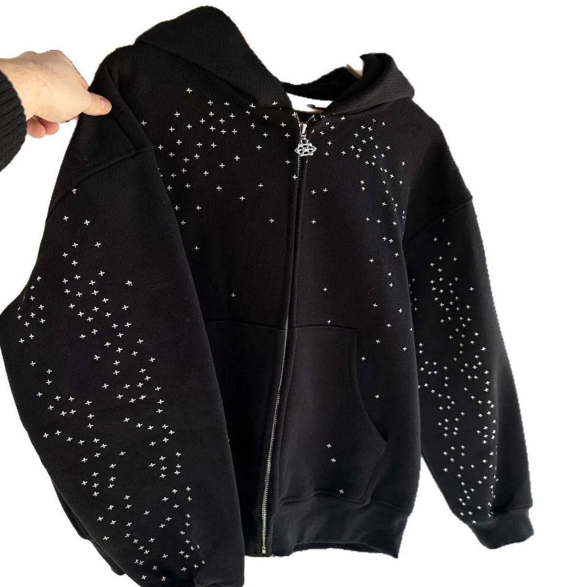 Rhinestone Zip-Up Sweatshirt Jacket — Gothic Streetwear, Men’s & Couples Casual Hoodie