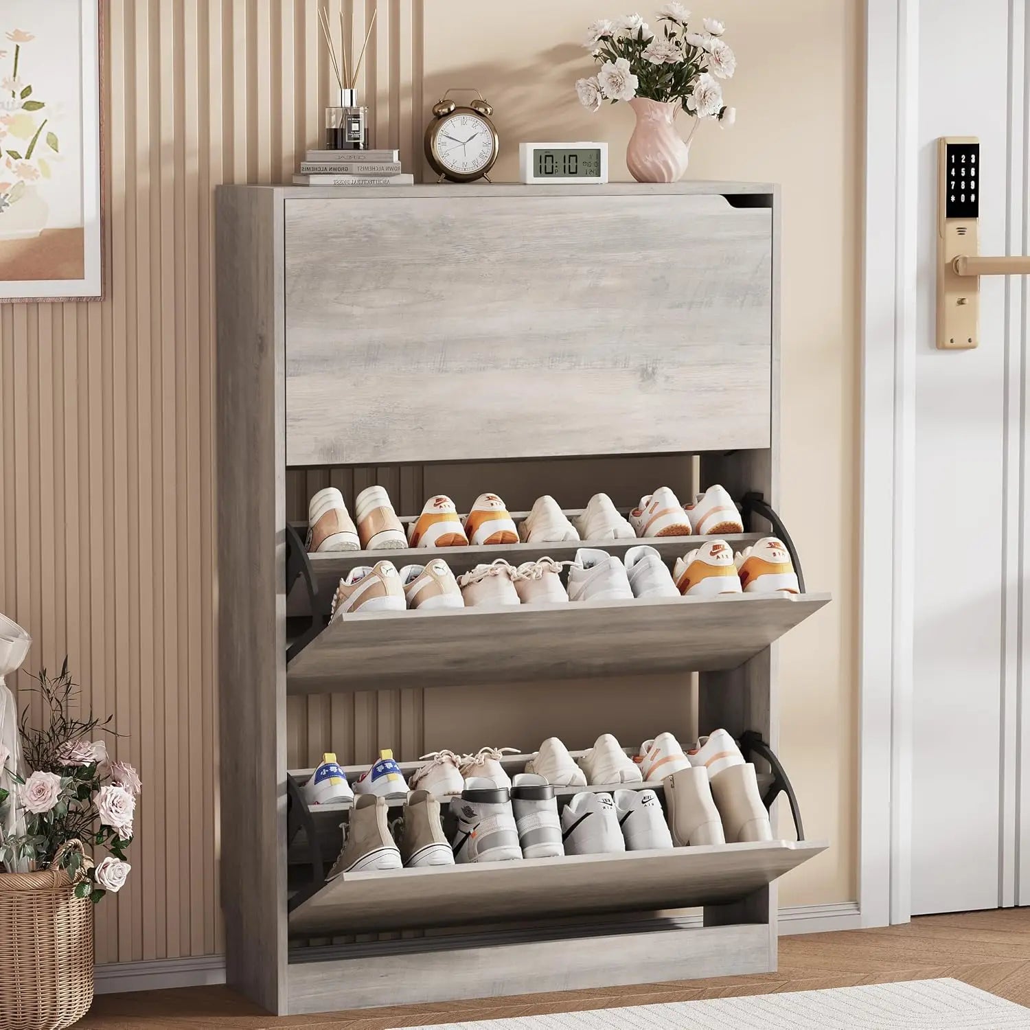 Wood Freestanding Shoe Cabinet,3 Flip Drawers & Adjustable Shelves,Entryway Storage, Custom