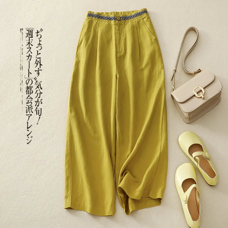 Elastic Cotton and Linen Wide Leg Pants Nine-point Pants for Women Summer New Solid Color Literary Large Size Casual Pants