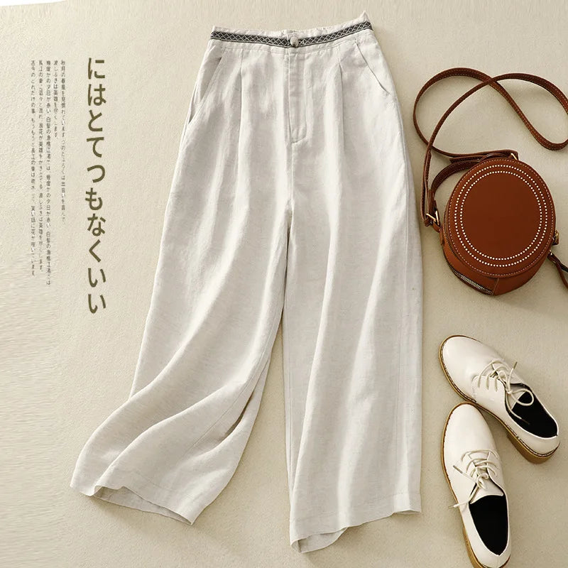 Elastic Cotton and Linen Wide Leg Pants Nine-point Pants for Women Summer New Solid Color Literary Large Size Casual Pants