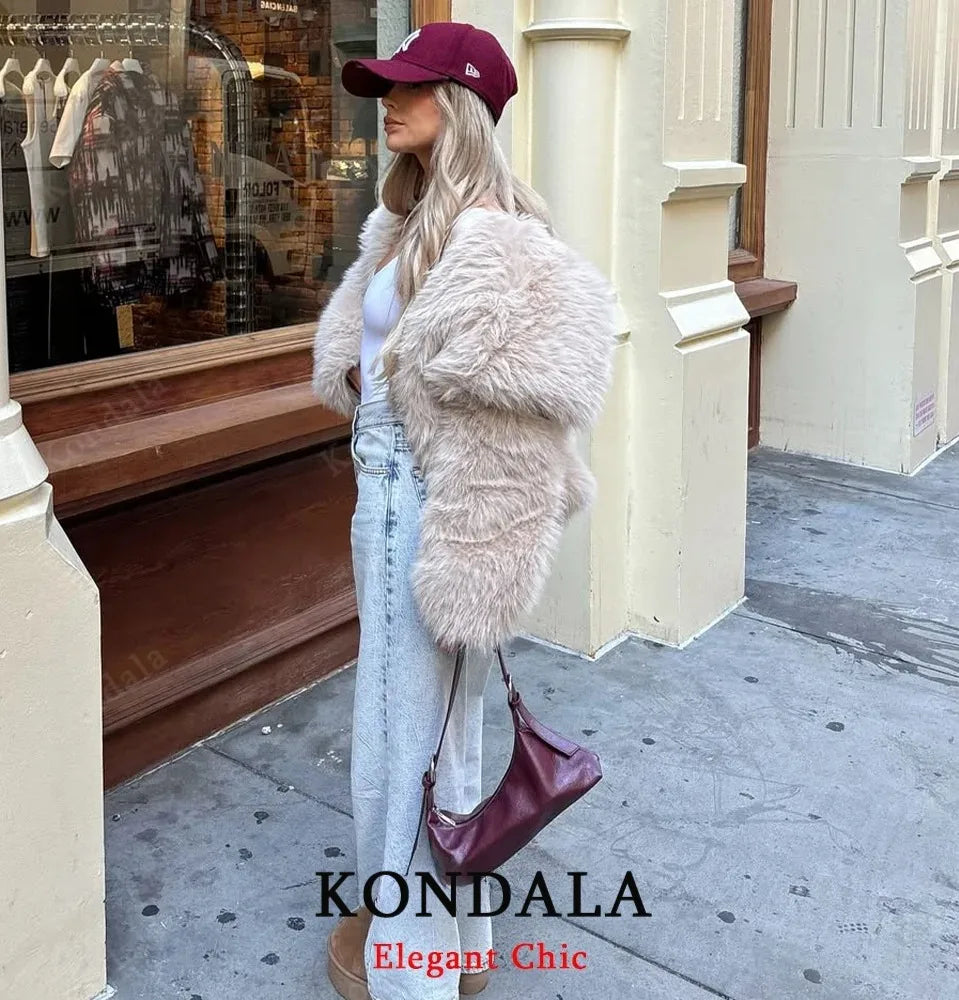 KONDALA Elegant Fur Coat Women Fall Winter Fashion Warm Faux Fur Brown Coat 2025 New Fashion Vintage Casual Female Jacket Coat