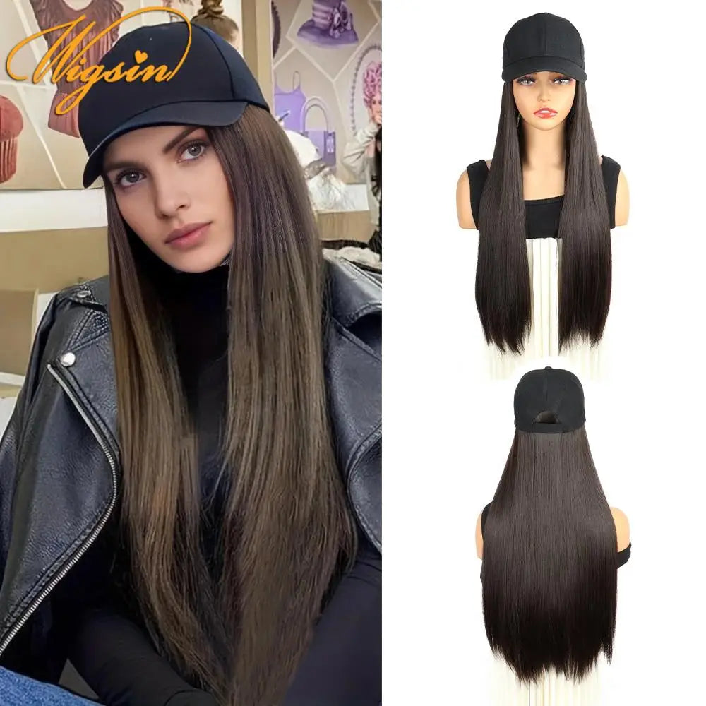 WIGSIN Synthetic  24Inch Long Straight One Piece Baseball Hair Hat Wig Adjustable Black Brown Hairpiece for Women