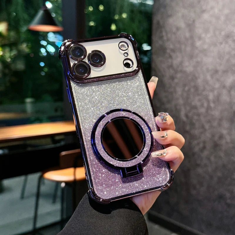 Plating Four Corner Shockproof Gradient Glitter TPU Makeup Mirror Holder Phone Case For iPhone 17 Pro Max/17/Air Bumper Cover