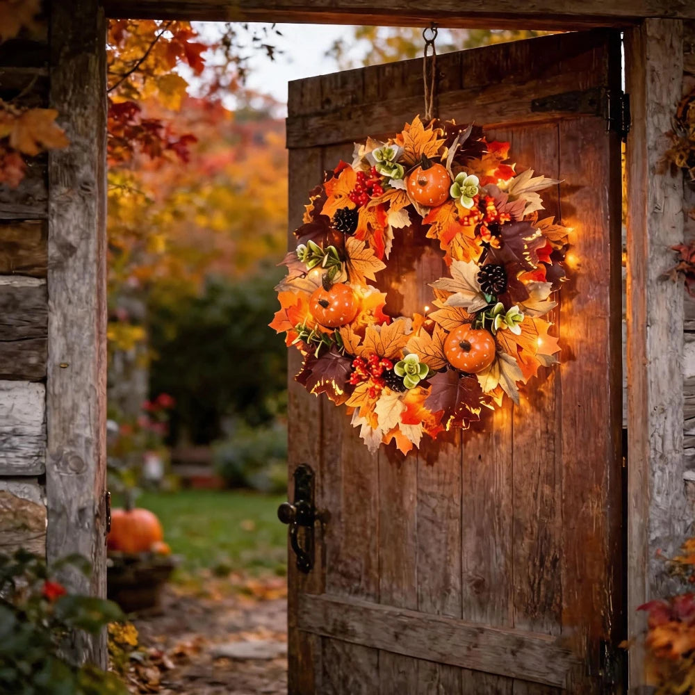 17.7in Halloween Fall Wreaths for Front Door Outside Fall Decorations for Home Large Autumn Wreath with Bow Pumpkin Thanksgiving
