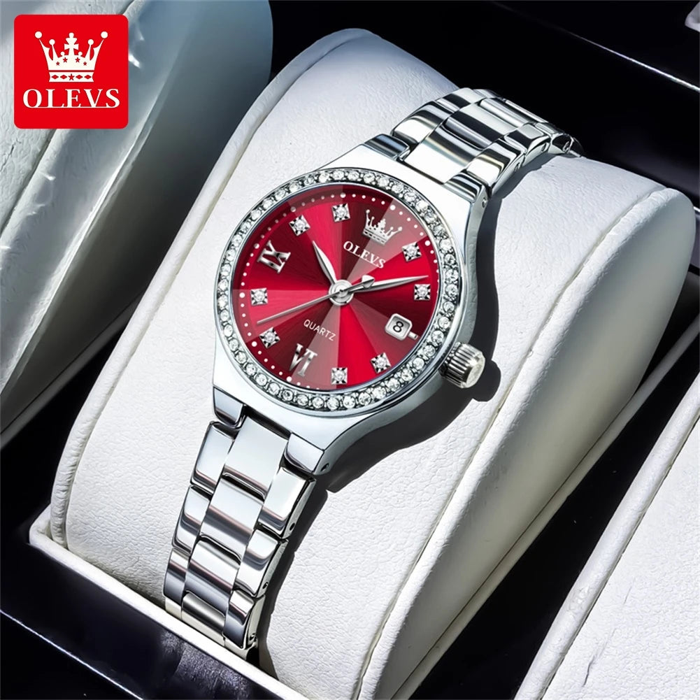 OLEVS Women's Quartz Watch Fashion Delicate Rhombus Mirror Luxury Diamond Bezel Steel Date Waterproof Elegant Ladies Watch 5628