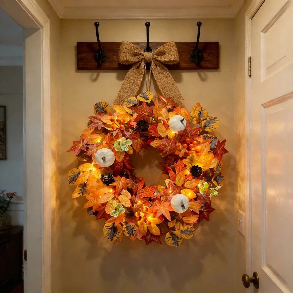 17.7in Halloween Fall Wreaths for Front Door Outside Fall Decorations for Home Large Autumn Wreath with Bow Pumpkin Thanksgiving