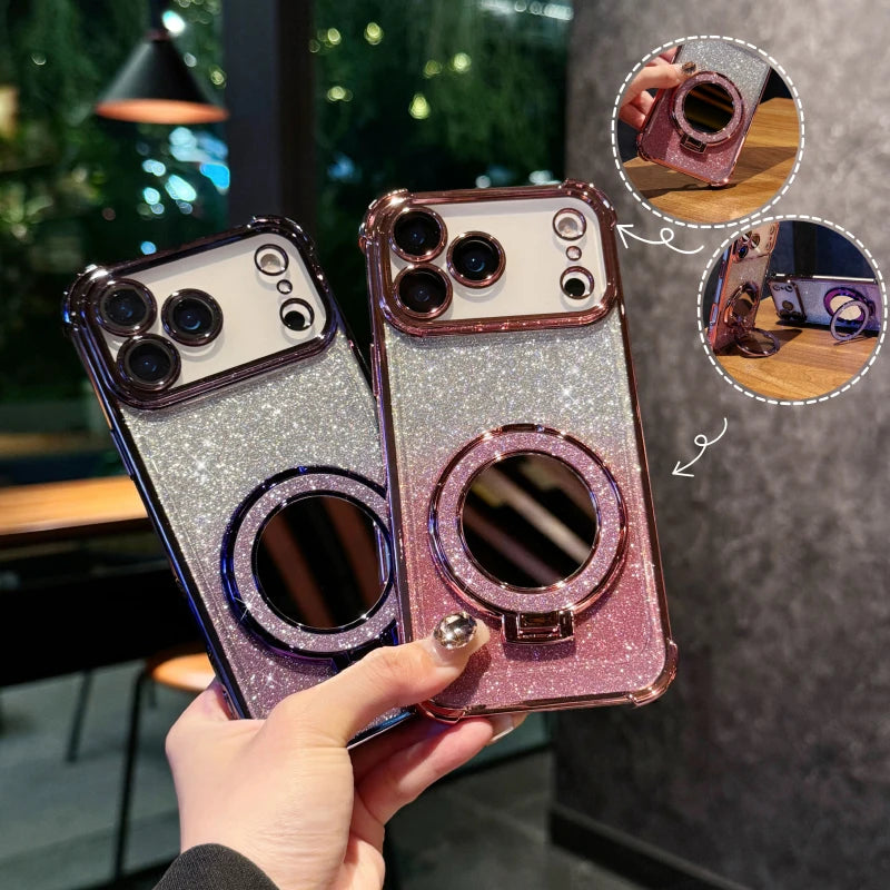Plating Four Corner Shockproof Gradient Glitter TPU Makeup Mirror Holder Phone Case For iPhone 17 Pro Max/17/Air Bumper Cover