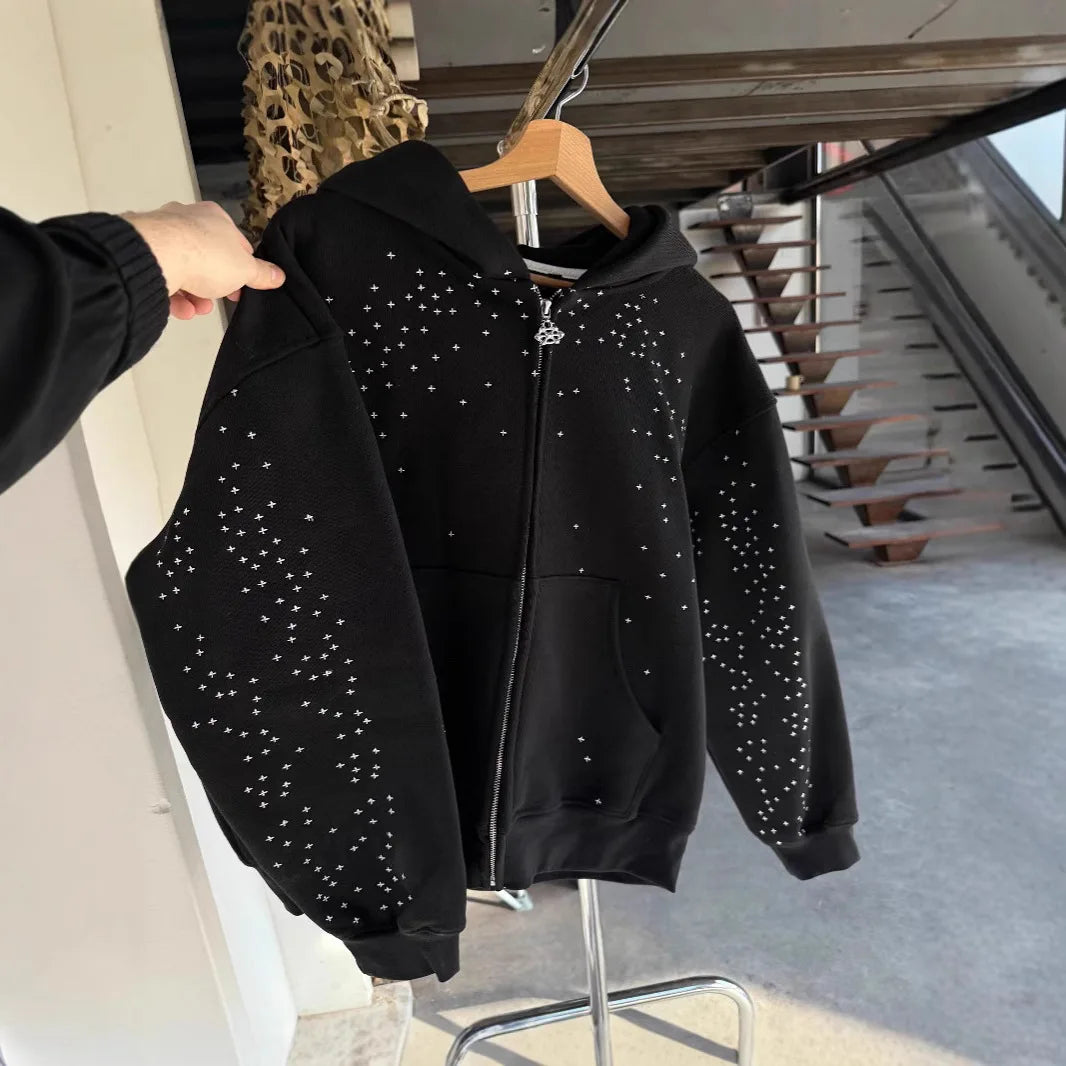 Rhinestone Zip-Up Sweatshirt Jacket — Gothic Streetwear, Men’s & Couples Casual Hoodie