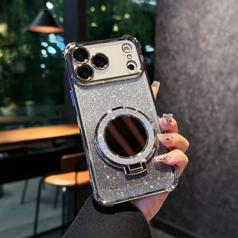 Plating Four Corner Shockproof Gradient Glitter TPU Makeup Mirror Holder Phone Case For iPhone 17 Pro Max/17/Air Bumper Cover