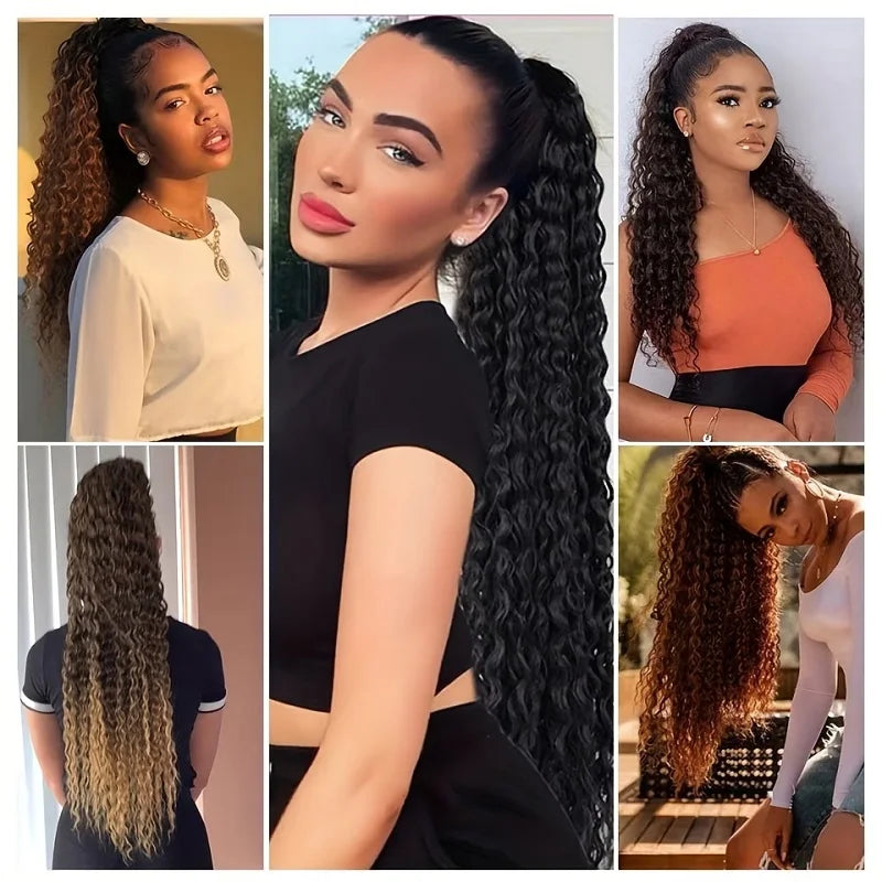 Synthetic Long Water Wave Curly Drawstring Ponytail Hair Extension Fashion Hairpiece for Women Daily Use Party