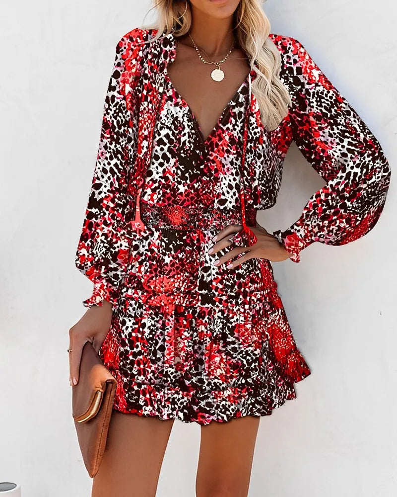 Elegant Women's Leopard Print Long Sleeved Casual Dress Spring And Autumn Fashionable V-neck Lace Up Waist Cinching Mini Dress